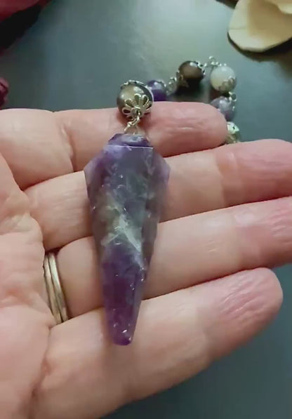 Goddess Hecate Divination Pendulum: Amethyst, Obsidian, Moonstone, and Key Charm.
