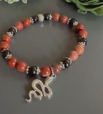 Red Jasper and Obsidian Gemstone Bracelet with Snake Charm.