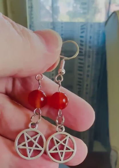 Inverted Pentagram Satanic Symbol Earrings with Carnelian Gemstone.
