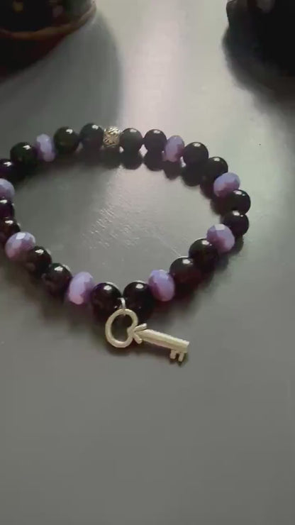 Hekate Bracelet with Black Obsidian Gemstones and Purple Iridescent Glass Beads.
