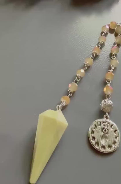 Serpentine Dowsing Pendulum with Iridescent Glass Beads and Moon Goddess Charm.