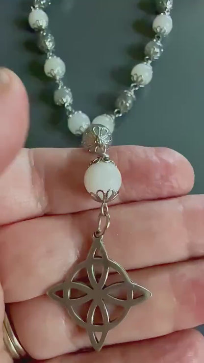 Labradorite Moonstone Witch’s Rosary:  Witch’s Knot Charm.