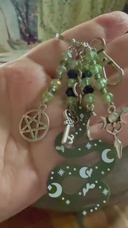 Snake Keychain Purse Charm with Iridescent Glass Beads, Pentacle, Key, Moon, and Goddess Charm.