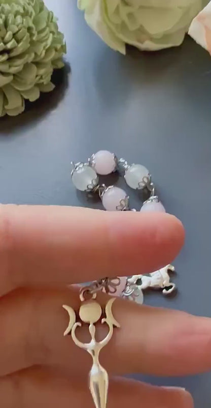 Goddess Selene Devotional Prayer Beads: Selenite, Rose Quartz, Triple Moon Goddess, and Pegasus Charms.