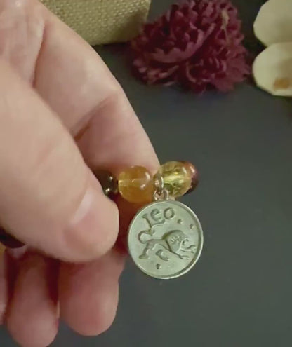 Leo Zodiac Charm Bracelet with Citrine and Red Tiger’s Eye Beads.