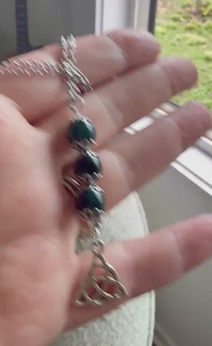 Celtic Triquetra Pendant Necklace with Moss Agate and Obsidian Beads.