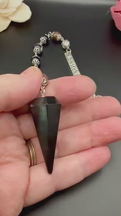 Tourmaline Point Pendulum with Red Brecciated Jasper, Obsidian, and Witch’s Knot Charm.