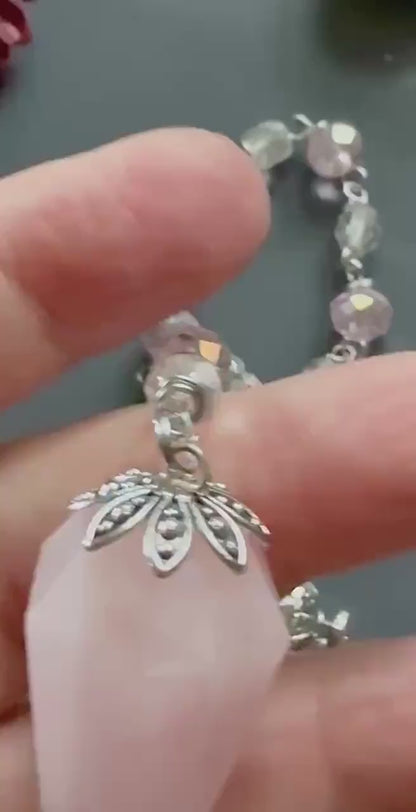 Rose Quartz Pendulum Point with Crystal Glass Beads, Goddess and Heart Charm.