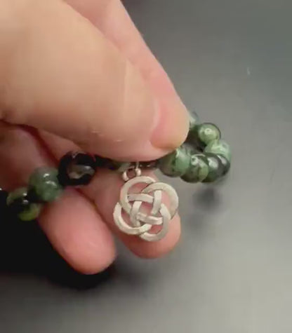 Kambaba Jasper Gemstone Stretch Bracelet with Celtic Knot Charm.