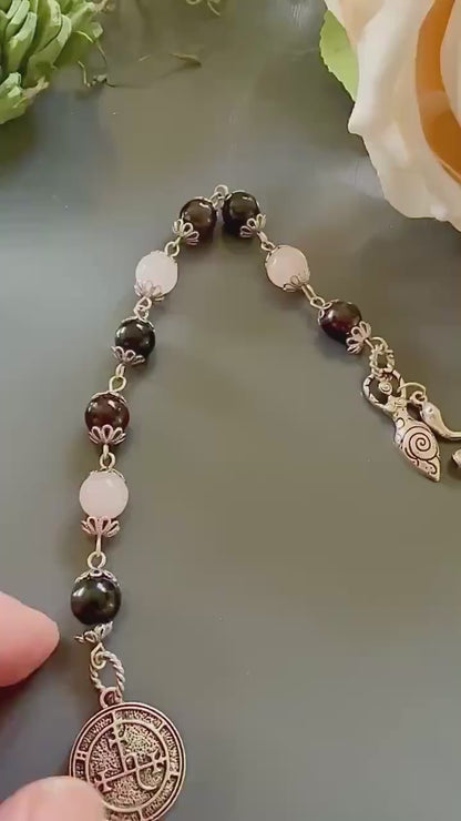 Goddess Lilith Sigil Devotional Prayer Beads:  Garnet, Obsidian, Rose Quartz Gemstones and  Snake Charm.