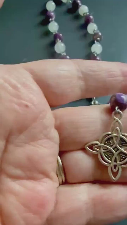 Witch’s Rosary with Golden Lepidolite and Selenite Gemstones.