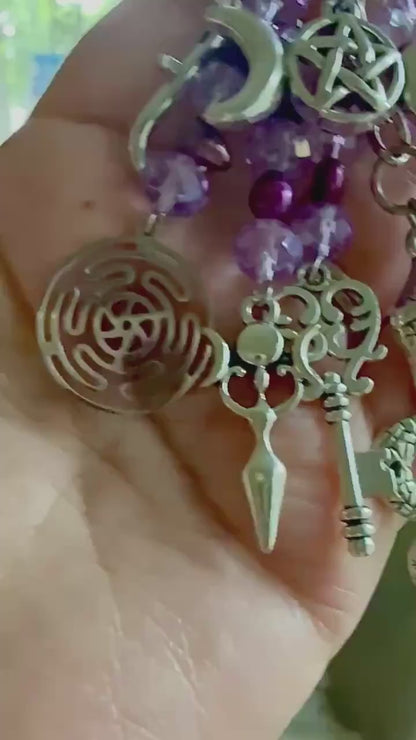 Hekate’s Wheel Talisman Key Chain Beaded Purse Charm with Goddess, Moon, Snake, and Key.