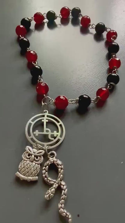 Lilith Sigil Witch’s  Rosary with Carnelian, Obsidian, Owl, and Snake Charm.