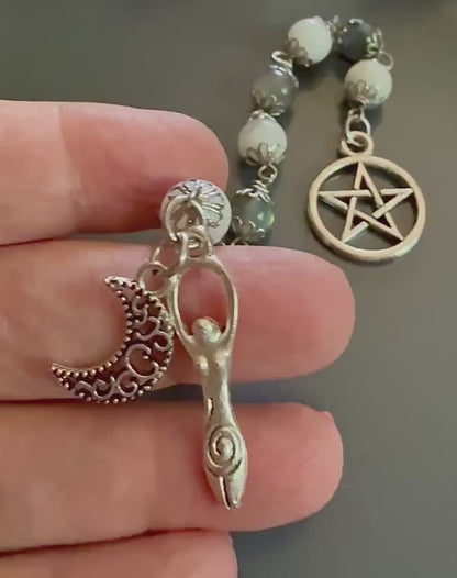 Labradorite Moonstone Pagan or Witchcraft Prayer Beads:  Pentacle, Goddess, and Moon Charm.