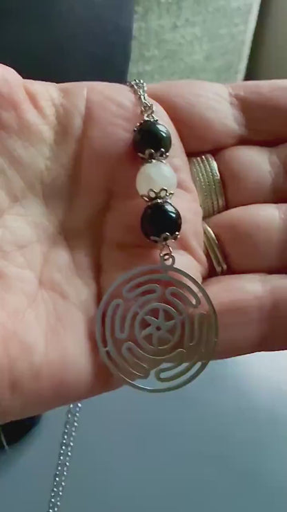 Goddess Hekate’s Wheel Pendant Necklace with Obsidian and Moonstone.