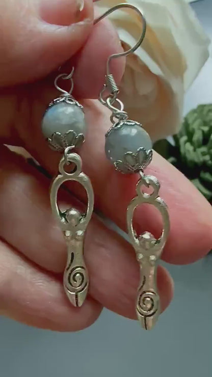 Spiral Goddess Charm Earrings with Labradorite Beads.