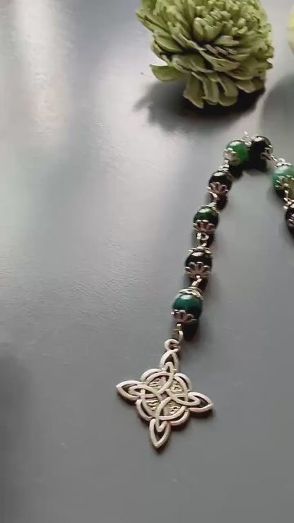 Witches Knot Moss Agate & Obsidian Pagan Prayer Beads with Goddess and Pentacle Charms.
