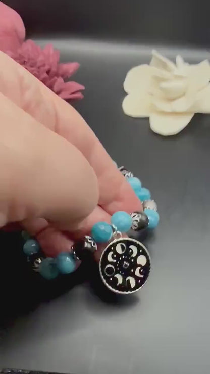 Blue Quartz and Obsidian Beaded Stretch Bracelet with Moon Phases Charm.