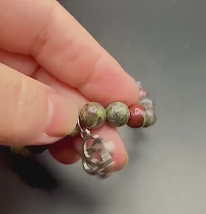 Dragon Bloodstone Jasper Gemstone Stretch Bracelet with Celtic Knot Charm.