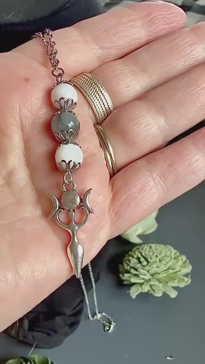 Triple Moon Goddess Pendant Necklace with Labradorite and Moonstone Beads.