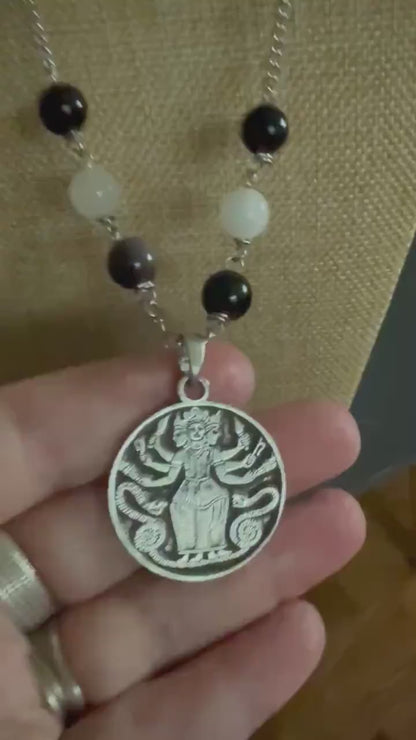 Triple Goddess Hekate Pendant Necklace with Obsidian and Moonstone Beads.