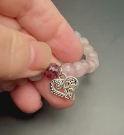 Strawberry Quartz Gemstone Stretch Bracelet with Heart Charm.