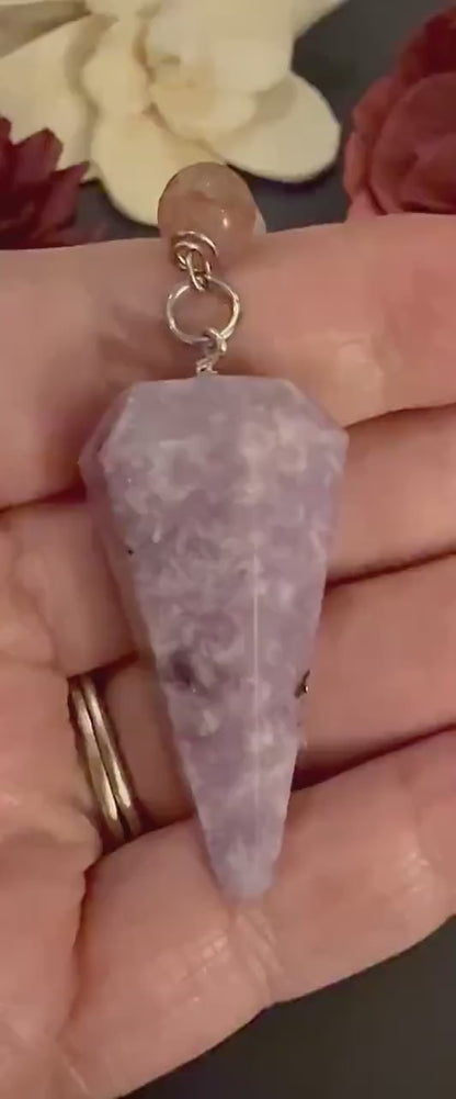 Handmade Lepidolite Pendulum with Stawberry Quartz, Moonstone Beads, and Moon Goddess Charm.