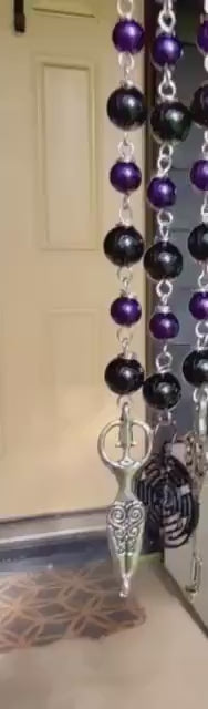 Hekate’s Wheel Car Charm with Obsidian, Purple Glass Beads, Goddess, and Key Charm.