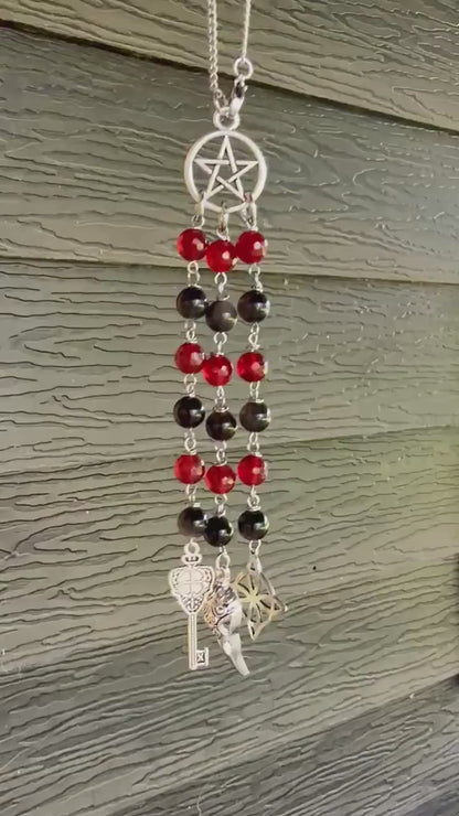 Witchy Car Charm Accessory:  Carnelian, Obsidian Beads with Crow Skull, Witch’s Knot, and Key Charms.