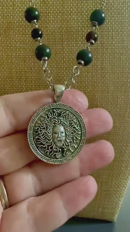 Medusa Pendant Necklace with Moss Agate and Obsidian Beads.