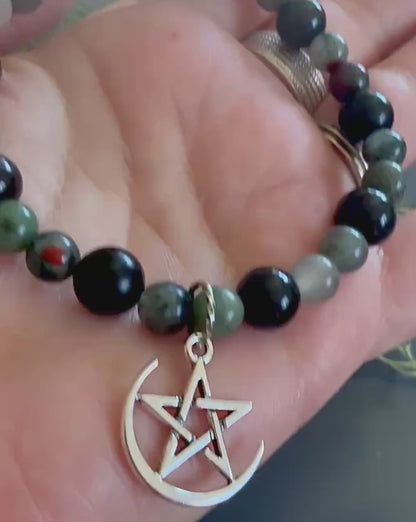 Dragon Bloodstone Jasper Bracelet with Pentacle Charm.