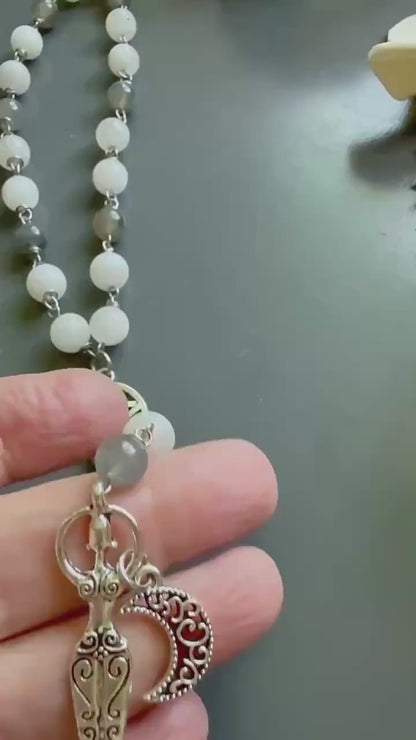 Pagan Witch Rosary with Moonstone, Labradorite, Pentacle, and Moon, and Goddess Charm.