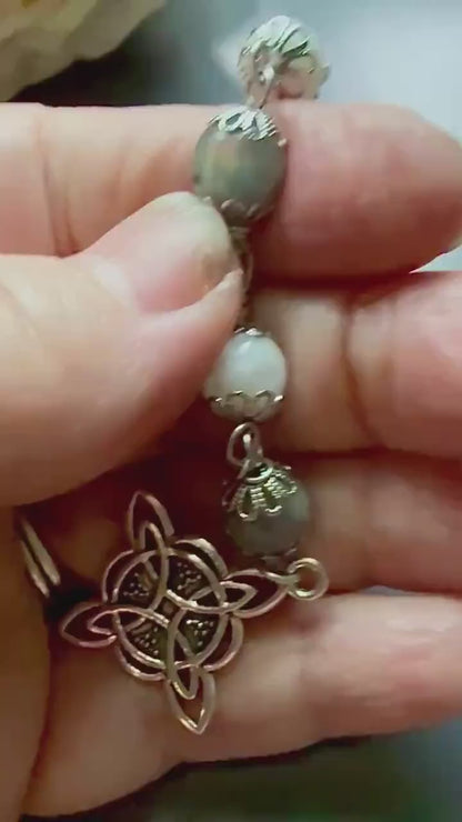 Labradorite Moonstone Pagan or Witchcraft Prayer Beads:  Witches Knot, Goddess, and Moon Charm.