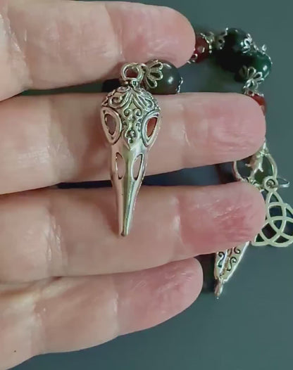Morrigan Celtic Goddess Prayer Beads: Carnelian, Moss Agate, Obsidian, Crow Skull, and Triquetra Charm.