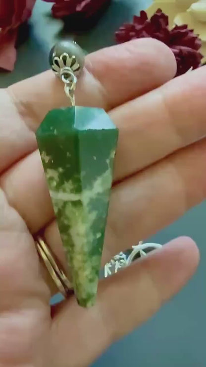 Moss Agate Pendulum with Obsidian Beads, Goddess and Pentacle Charm.