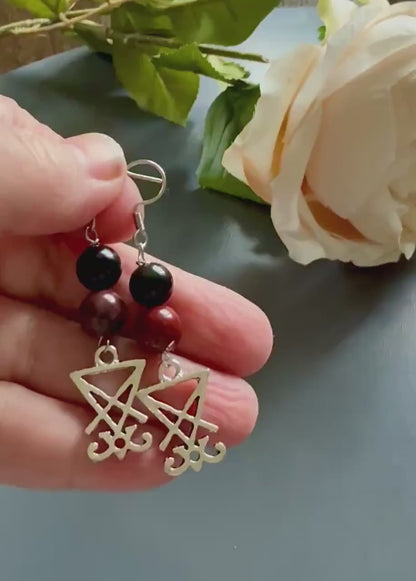 Lucifer Sigil  Earrings with Red Jasper and Obsidian.