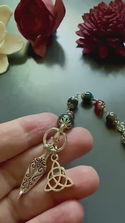 Morrigan Celtic Goddess Prayer Beads: Carnelian, Moss Agate, Obsidian, Crow Skull, and Triquetra Charm.