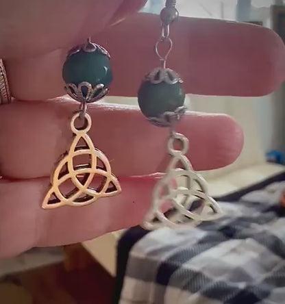 Celtic Triquetra Charm Earrings with Moss Agate Gemstones.