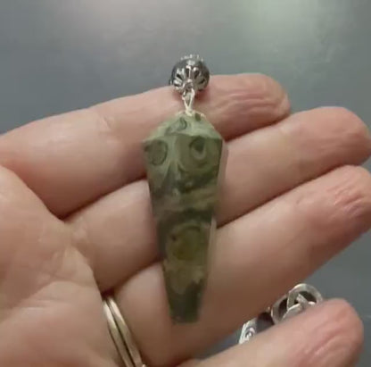 Handmade Kambaba Jasper Point Pendulum with Obsidian Beads.