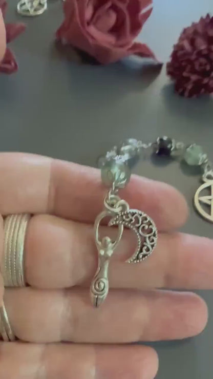 Rainbow Flourite Pagan or Witchcraft Prayer Beads with Goddess, Moon, and Pentacle Charm.