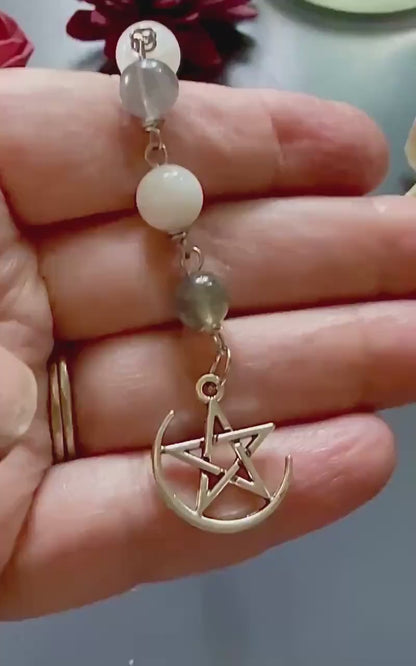 Labradorite Moonstone Pagan or Witchcraft Prayer Beads:  Pentacle,  Goddess, and Moon Charm.