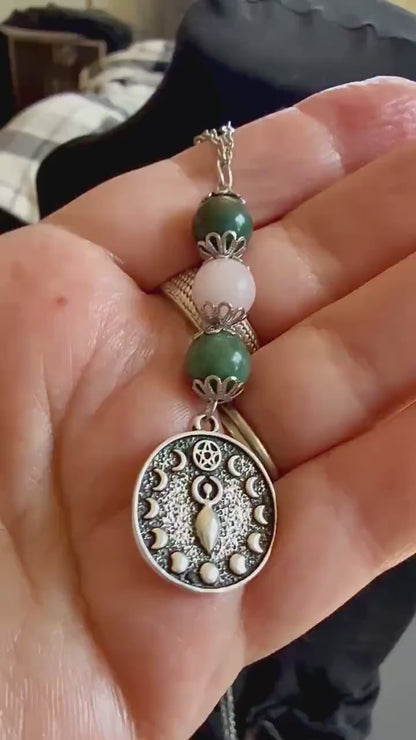 Ostara Goddess Pendant Necklace with Moss Agate and Rose Quartz Beads.