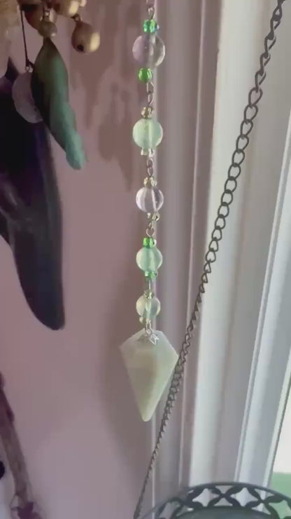 Amazonite Point Handmade Pendulum with Rainbow Fluorite Beads and Witch’s Knot Charm.