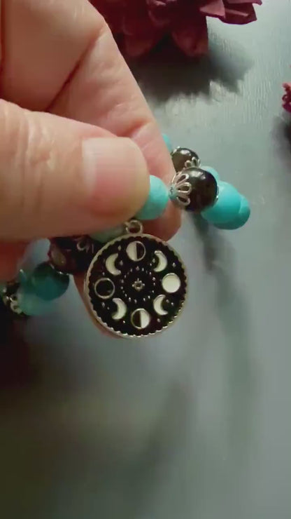 Blue Quartz and Obsidian Beaded Stretch Bracelet with Moon Phases Charm.